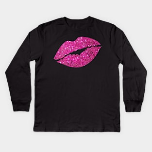Hot Pink Faux Glitter Lips Kids Long Sleeve T-Shirt